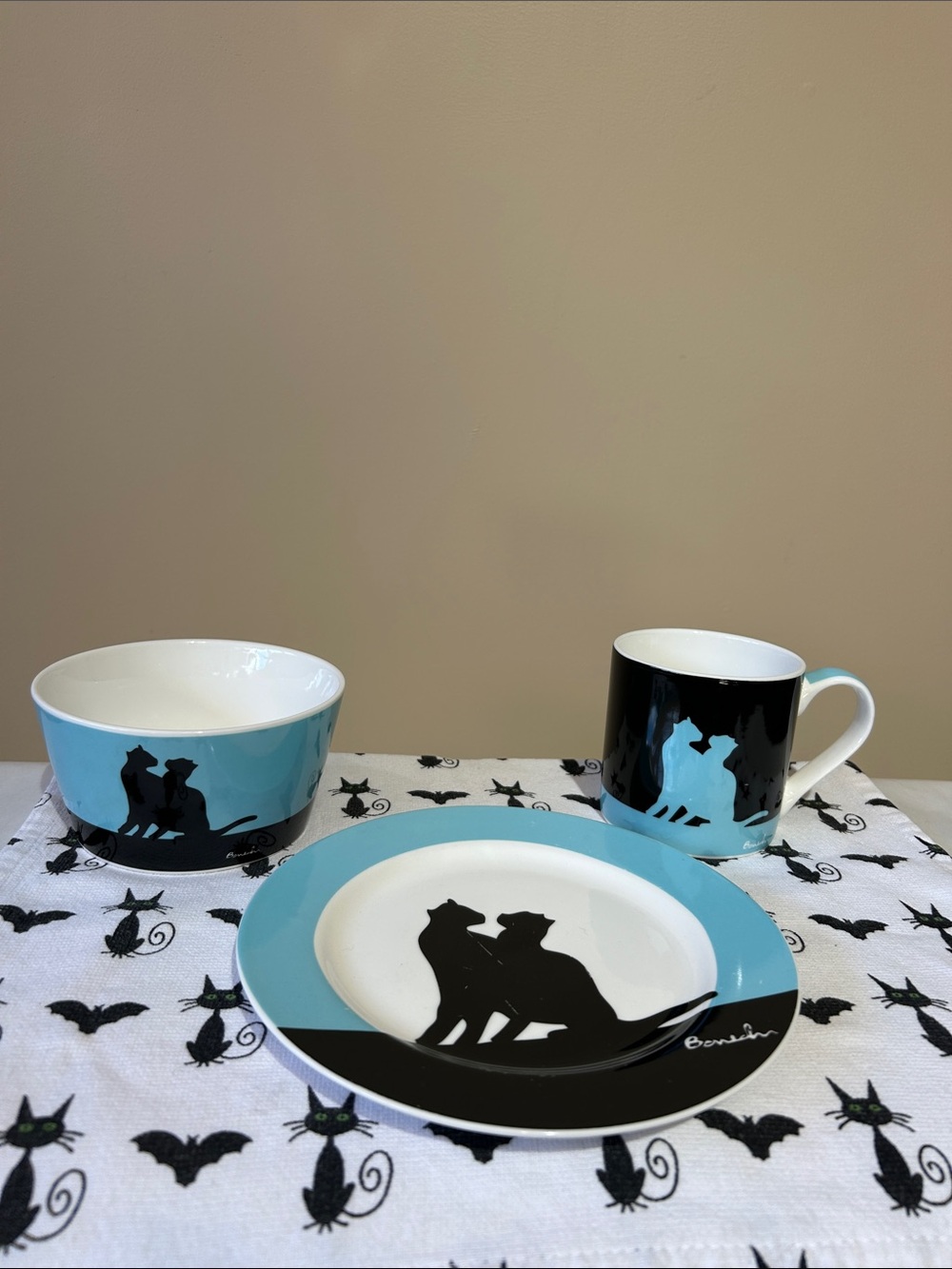 Cat Tableware Set, Three Piece, Aqua Blue